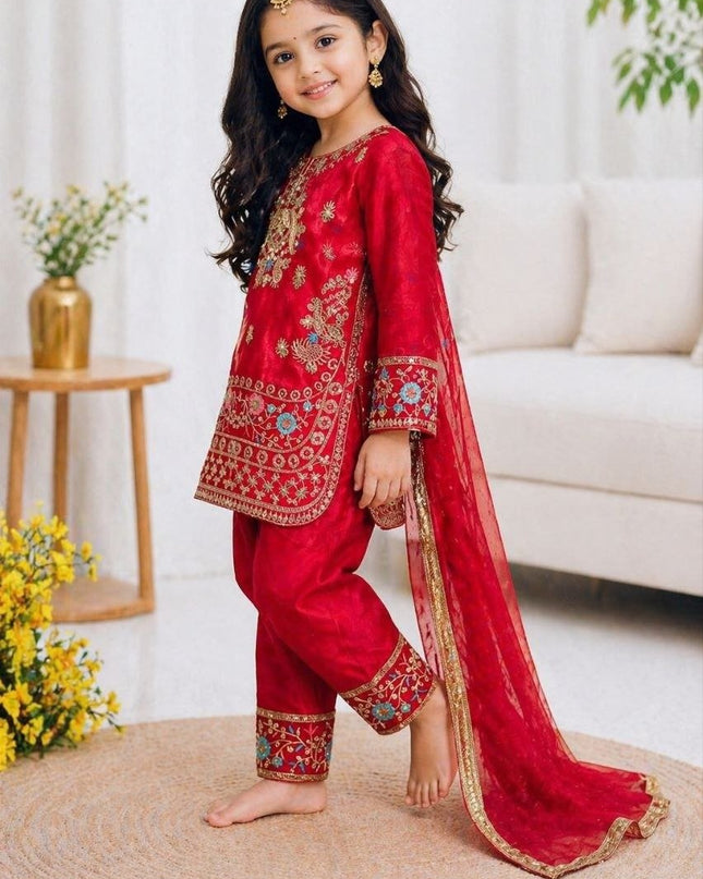 Girls Heavy Fendi Silk Designer Party Wear Top, Palazzo & Dupatta Set | Festive Wear - Rosepetals Luxe