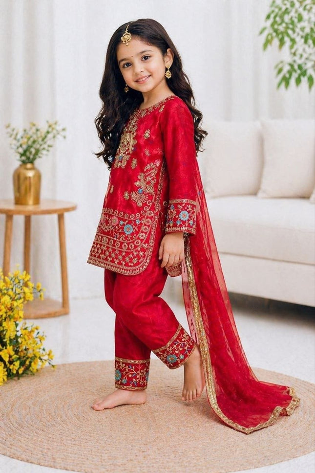 Girls Heavy Fendi Silk Designer Party Wear Top, Palazzo & Dupatta Set | Festive Wear - Rosepetals Luxe