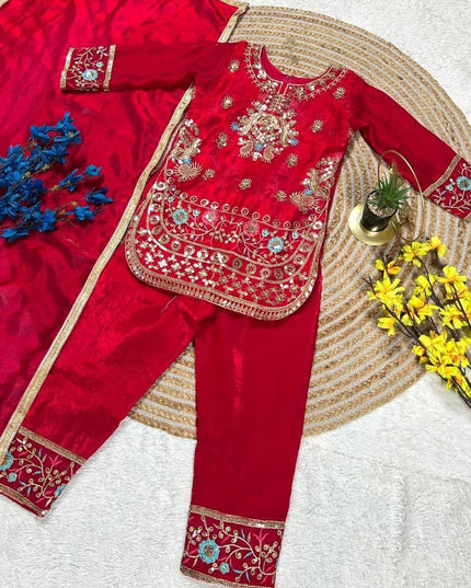 Girls Heavy Fendi Silk Designer Party Wear Top, Palazzo & Dupatta Set | Festive Wear - Rosepetals Luxe