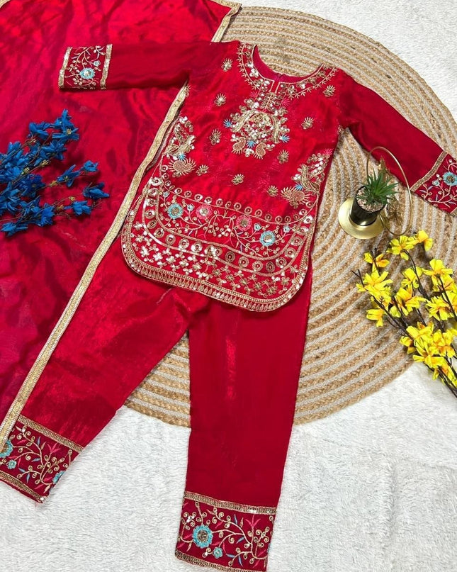 Girls Heavy Fendi Silk Designer Party Wear Top, Palazzo & Dupatta Set | Festive Wear - Rosepetals Luxe