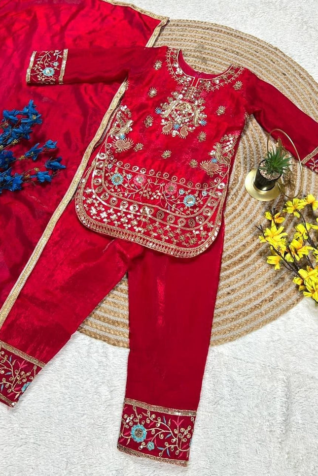 Girls Heavy Fendi Silk Designer Party Wear Top, Palazzo & Dupatta Set | Festive Wear - Rosepetals Luxe