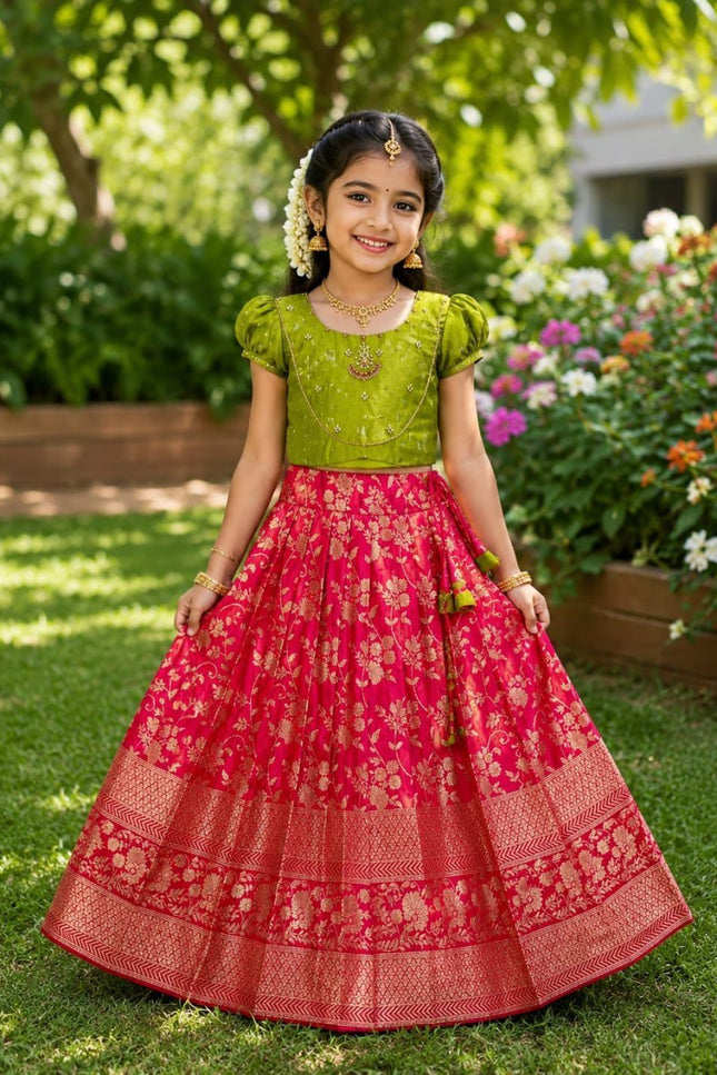 Girls Heavy Maggam Work Lehenga Choli | Pure Silk & Mono Silk | Festive & Wedding - Rosepetals Luxe