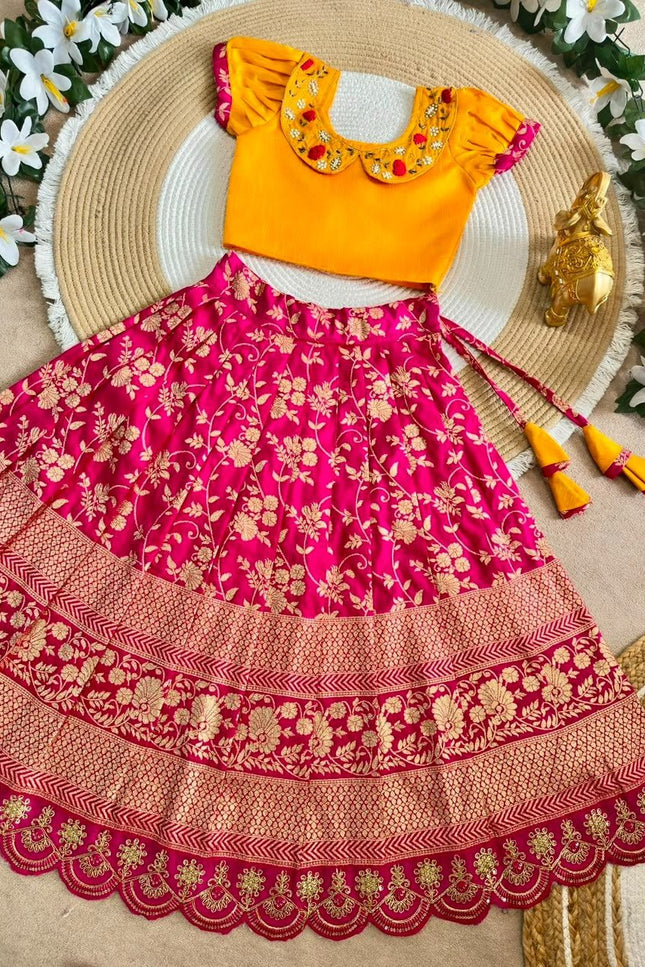 Girls Jacquard Lehenga Choli with Zari Border - Rosepetals Luxe