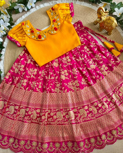 Girls Jacquard Lehenga Choli with Zari Border - Rosepetals Luxe