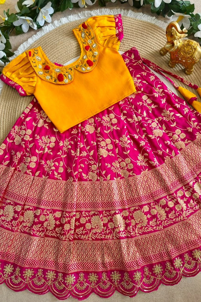 Girls Jacquard Lehenga Choli with Zari Border - Rosepetals Luxe
