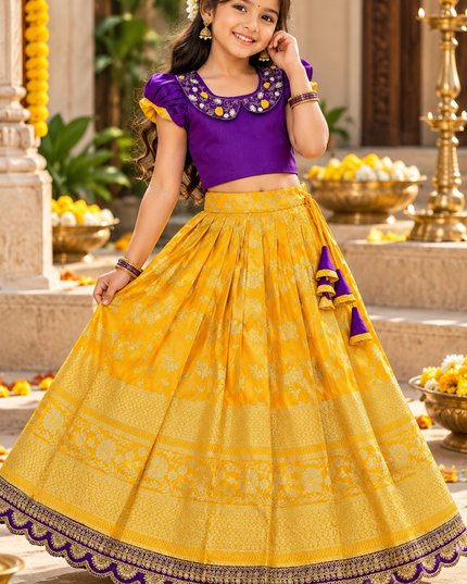 Girls Jacquard Lehenga Choli with Zari Border - Rosepetals Luxe