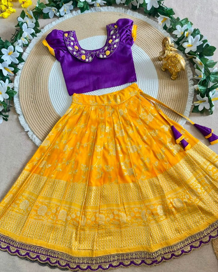 Girls Jacquard Lehenga Choli with Zari Border - Rosepetals Luxe