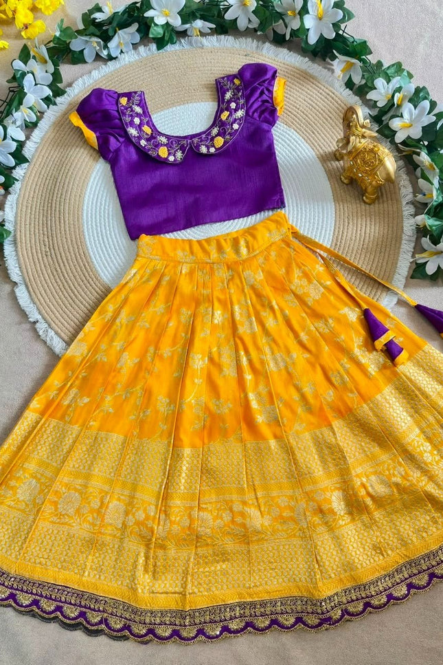 Girls Jacquard Lehenga Choli with Zari Border - Rosepetals Luxe