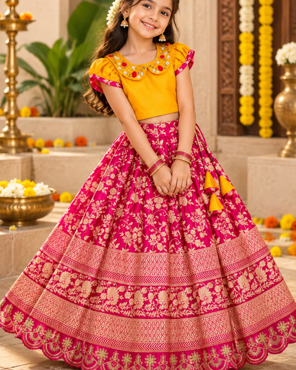 Girls Jacquard Lehenga Choli with Zari Border - Rosepetals Luxe