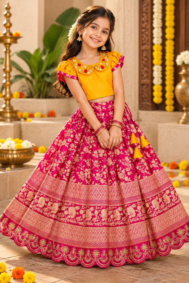 Girls Jacquard Lehenga Choli with Zari Border - Rosepetals Luxe