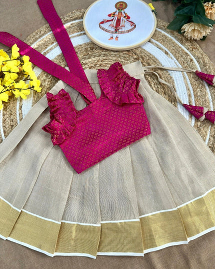 Girls Kerala Tissue Silk Lehenga Choli | Onam & Festive Wear | Zari Work - Rosepetals Luxe