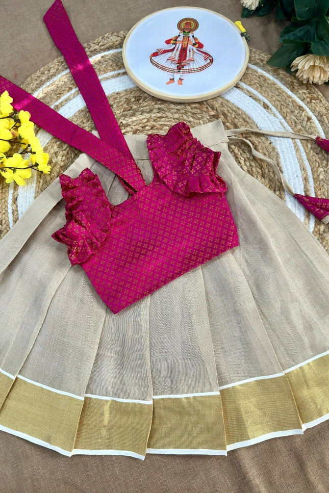 Girls Kerala Tissue Silk Lehenga Choli | Onam & Festive Wear | Zari Work - Rosepetals Luxe