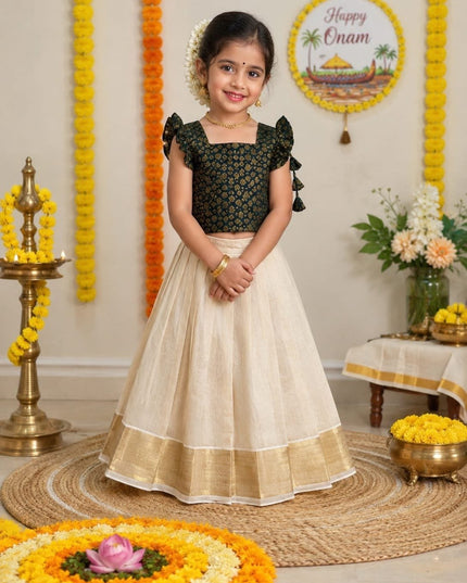 Girls Kerala Tissue Silk Lehenga Choli | Onam & Festive Wear | Zari Work - Rosepetals Luxe