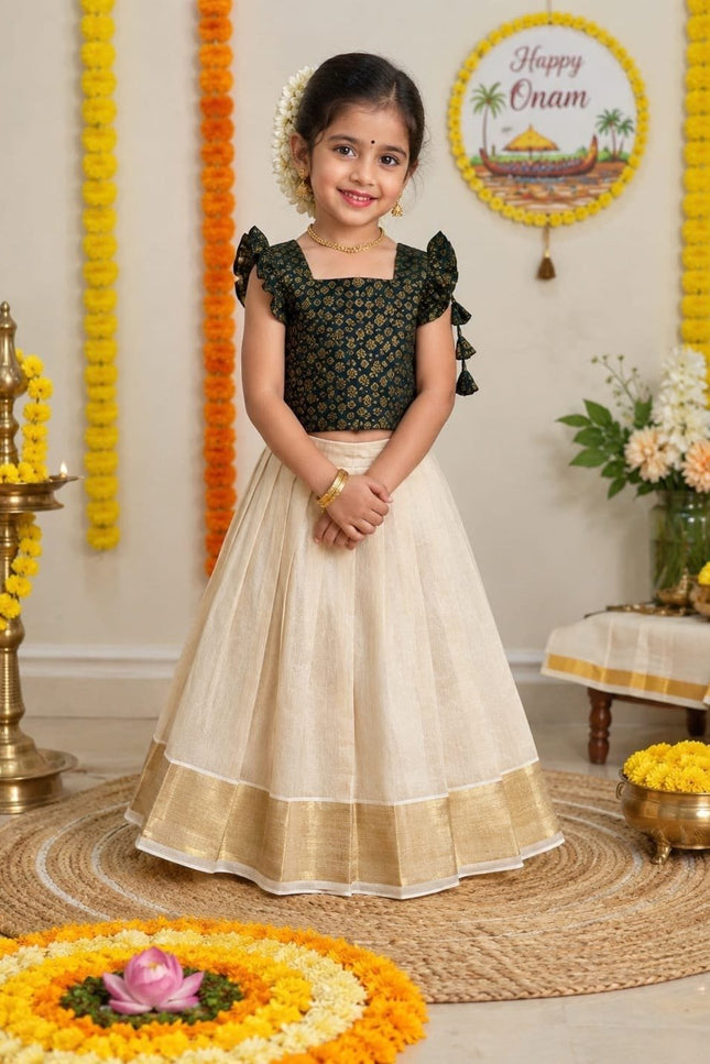 Girls Kerala Tissue Silk Lehenga Choli | Onam & Festive Wear | Zari Work - Rosepetals Luxe