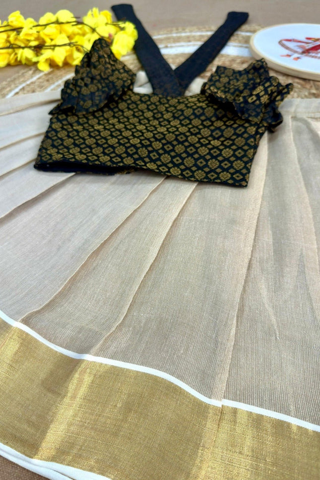 Girls Kerala Tissue Silk Lehenga Choli | Onam & Festive Wear | Zari Work - Rosepetals Luxe
