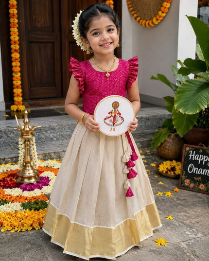 Girls Kerala Tissue Silk Lehenga Choli | Onam & Festive Wear | Zari Work - Rosepetals Luxe
