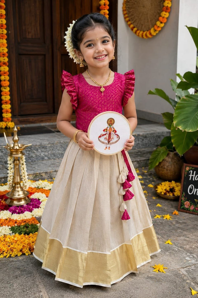 Girls Kerala Tissue Silk Lehenga Choli | Onam & Festive Wear | Zari Work - Rosepetals Luxe