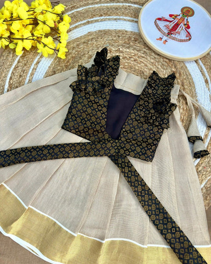 Girls Kerala Tissue Silk Lehenga Choli | Onam & Festive Wear | Zari Work - Rosepetals Luxe