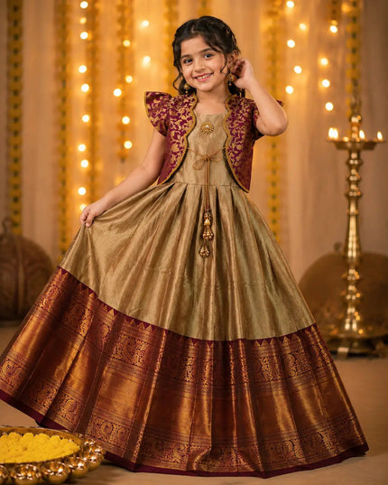 Girls Lichi Silk Zari Weaving Designer Gown – Fully Stitched Festive Ethnic Party Wear Dress - Rosepetals Luxe