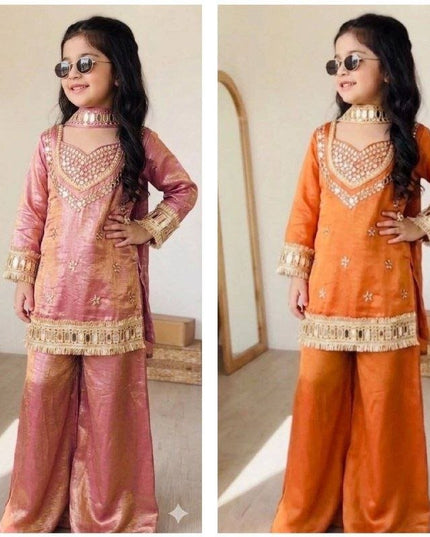 Girls Mirror Work Ethnic Set | Chinon Silk Top, Palazzo & Dupatta | Ages 8–15 - Rosepetals Luxe