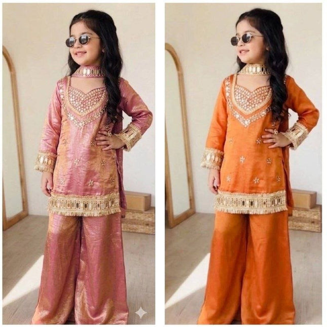 Girls Mirror Work Ethnic Set | Chinon Silk Top, Palazzo & Dupatta | Ages 8–15 - Rosepetals Luxe