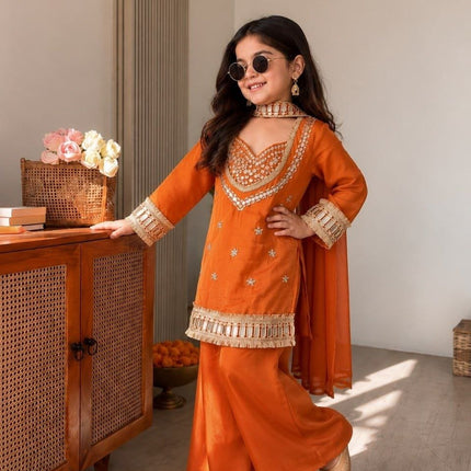 Girls Mirror Work Ethnic Set | Chinon Silk Top, Palazzo & Dupatta | Ages 8–15 - Rosepetals Luxe