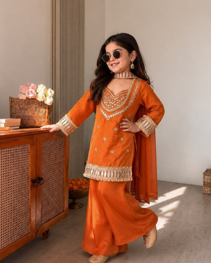 Girls Mirror Work Ethnic Set | Chinon Silk Top, Palazzo & Dupatta | Ages 8–15 - Rosepetals Luxe