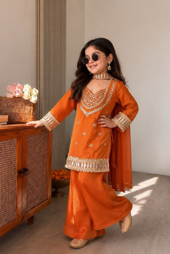 Girls Mirror Work Ethnic Set | Chinon Silk Top, Palazzo & Dupatta | Ages 8–15 - Rosepetals Luxe