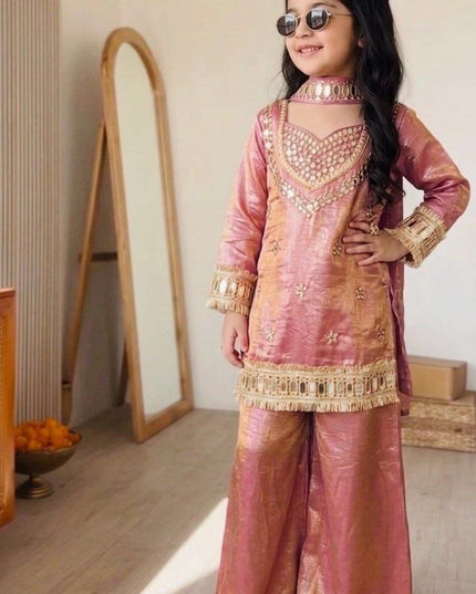 Girls Mirror Work Ethnic Set | Chinon Silk Top, Palazzo & Dupatta | Ages 8–15 - Rosepetals Luxe