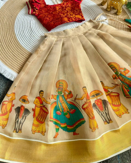 Girls Onam Lehenga Choli Set | Kerala Kalamkari Print | Banarasi Brocade Blouse - Rosepetals Luxe