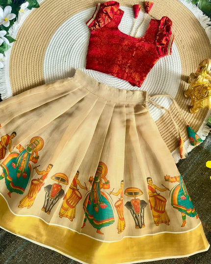 Girls Onam Lehenga Choli Set | Kerala Kalamkari Print | Banarasi Brocade Blouse - Rosepetals Luxe