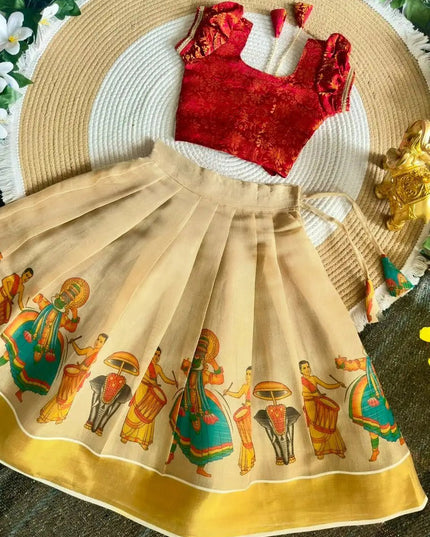 Girls Onam Lehenga Choli Set | Kerala Kalamkari Print | Banarasi Brocade Blouse - Rosepetals Luxe