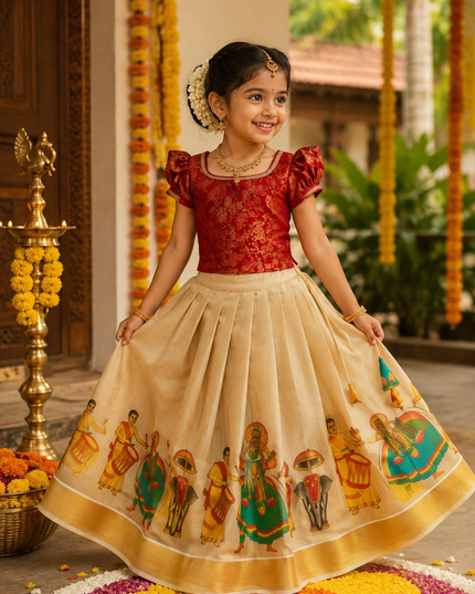 Girls Onam Lehenga Choli Set | Kerala Kalamkari Print | Banarasi Brocade Blouse - Rosepetals Luxe