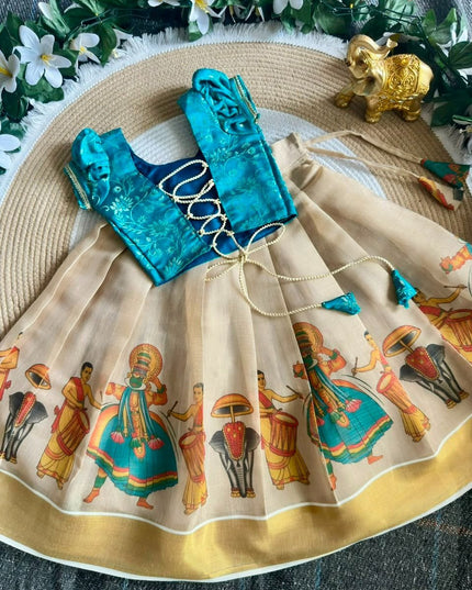 Girls Onam Lehenga Choli Set | Kerala Kalamkari Print | Banarasi Brocade Blouse - Rosepetals Luxe