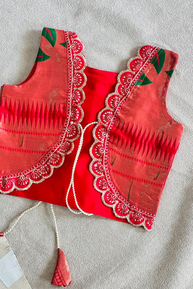 Girls Paithani Silk Flared Gown & Coat Set | Traditional Zari Weaving | Festive & Wedding Wear | Red - Rosepetals Luxe