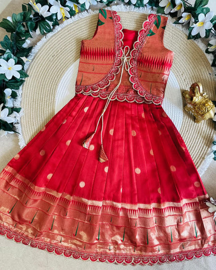 Girls Paithani Silk Flared Gown & Coat Set | Traditional Zari Weaving | Festive & Wedding Wear | Red - Rosepetals Luxe
