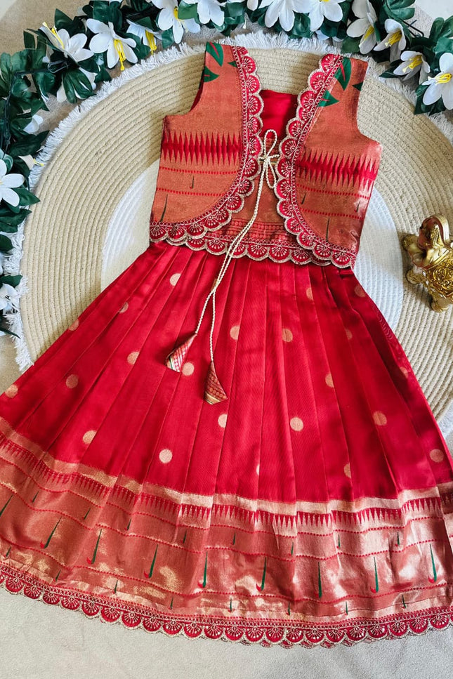Girls Paithani Silk Flared Gown & Coat Set | Traditional Zari Weaving | Festive & Wedding Wear | Red - Rosepetals Luxe