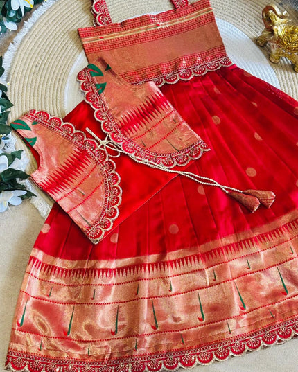 Girls Paithani Silk Flared Gown & Coat Set | Traditional Zari Weaving | Festive & Wedding Wear | Red - Rosepetals Luxe