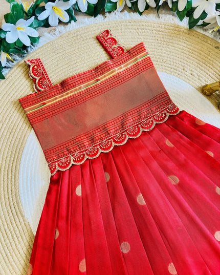 Girls Paithani Silk Flared Gown & Coat Set | Traditional Zari Weaving | Festive & Wedding Wear | Red - Rosepetals Luxe