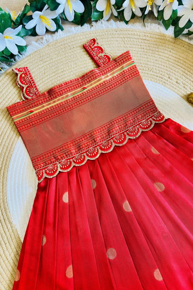 Girls Paithani Silk Flared Gown & Coat Set | Traditional Zari Weaving | Festive & Wedding Wear | Red - Rosepetals Luxe