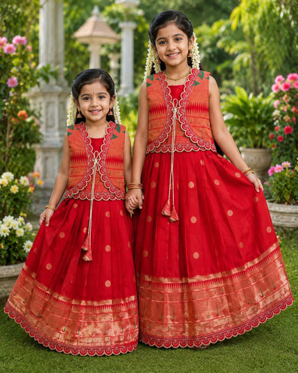 Girls Paithani Silk Flared Gown & Coat Set | Traditional Zari Weaving | Festive & Wedding Wear | Red - Rosepetals Luxe
