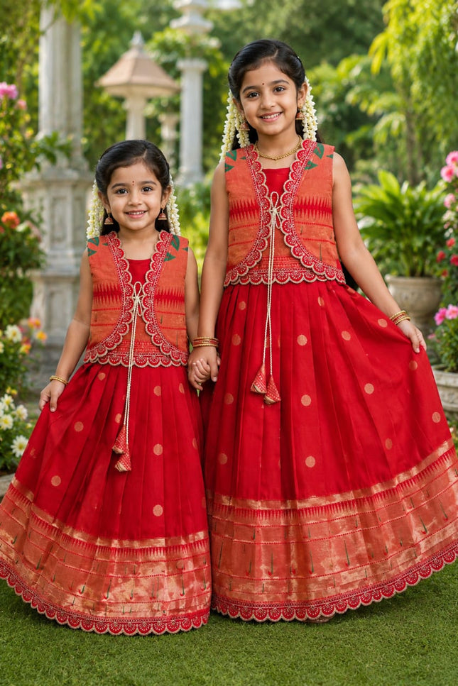 Girls Paithani Silk Flared Gown & Coat Set | Traditional Zari Weaving | Festive & Wedding Wear | Red - Rosepetals Luxe