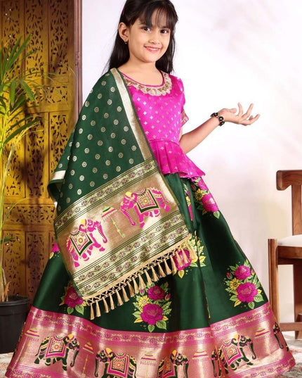 Girls Patola Style Lehenga Choli | Jacquard Kids Festive Wear | Sizes 20–36 - Rosepetals Luxe