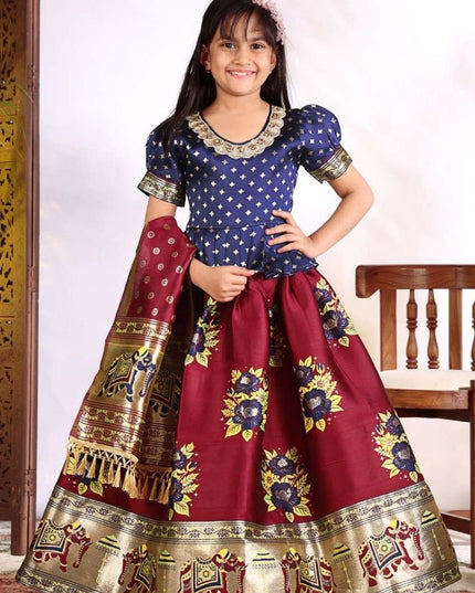 Girls Patola Style Lehenga Choli | Jacquard Kids Festive Wear | Sizes 20–36 - Rosepetals Luxe