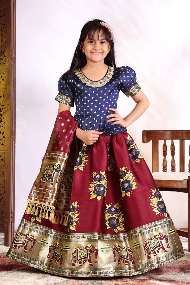 Girls Patola Style Lehenga Choli | Jacquard Kids Festive Wear | Sizes 20–36 - Rosepetals Luxe