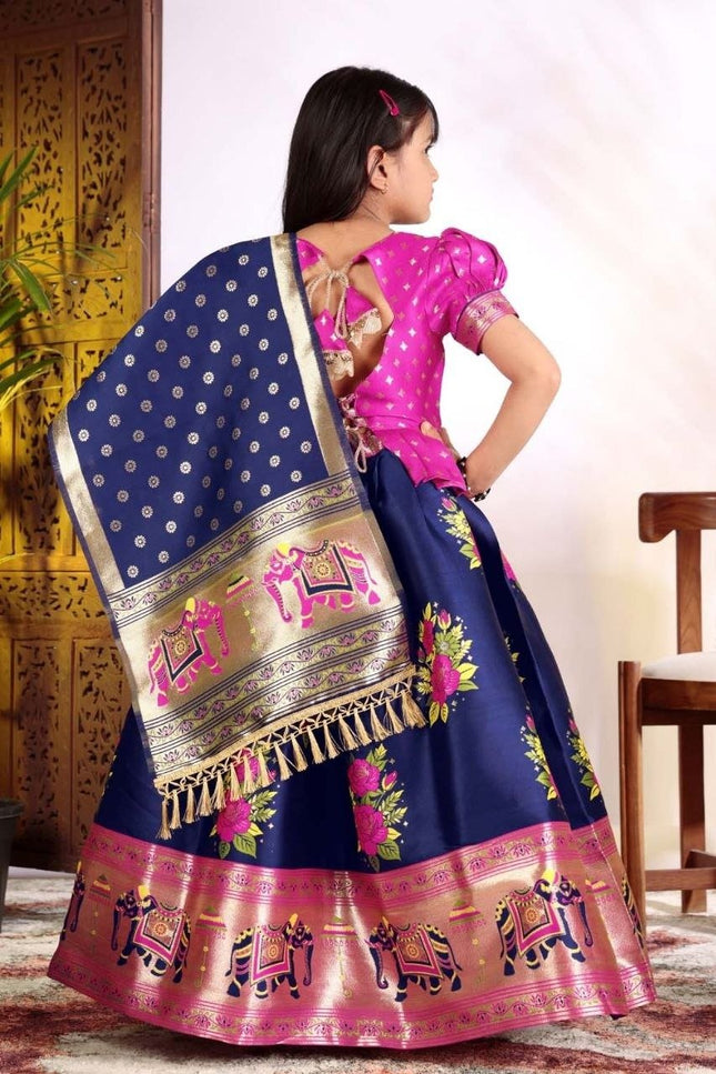 Girls Patola Style Lehenga Choli | Jacquard Kids Festive Wear | Sizes 20–36 - Rosepetals Luxe
