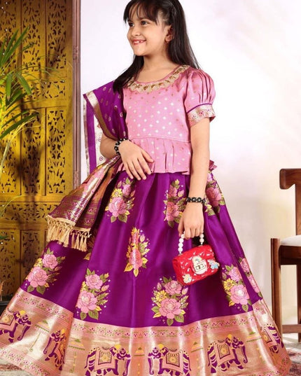 Girls Patola Style Lehenga Choli | Jacquard Kids Festive Wear | Sizes 20–36 - Rosepetals Luxe