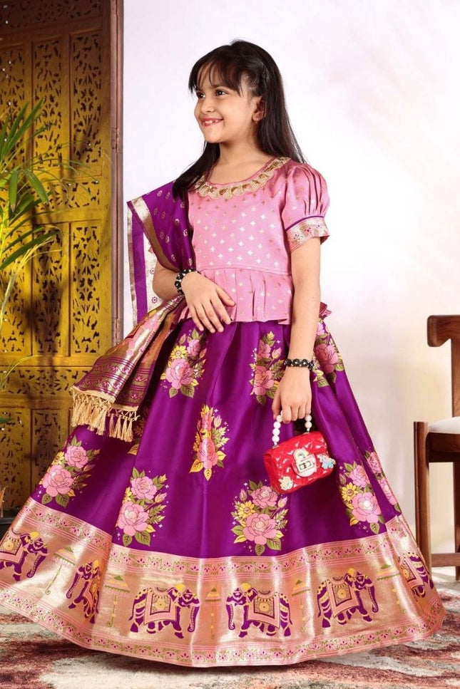 Girls Patola Style Lehenga Choli | Jacquard Kids Festive Wear | Sizes 20–36 - Rosepetals Luxe