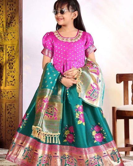 Girls Patola Style Lehenga Choli | Jacquard Kids Festive Wear | Sizes 20–36 - Rosepetals Luxe