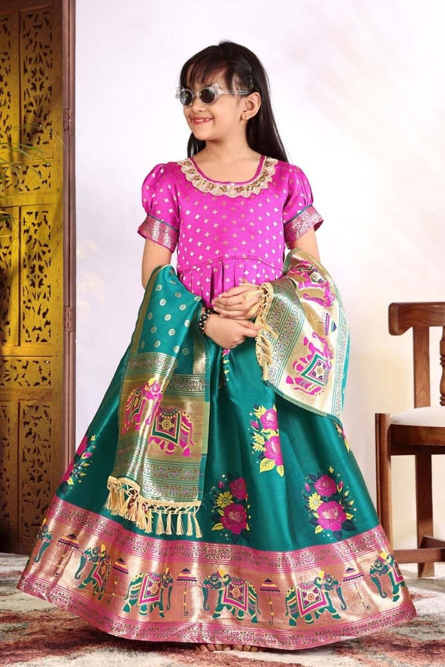 Girls Patola Style Lehenga Choli | Jacquard Kids Festive Wear | Sizes 20–36 - Rosepetals Luxe